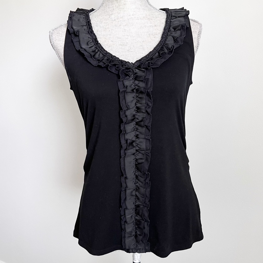 WHBM Tank Top Ruched Ruffle Trim V-Neck Sleeveless Classic Black Size Small